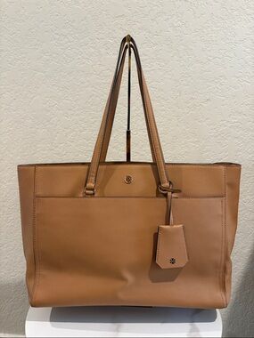 Tory Burch Brown Leather Tote with Luggage Tag